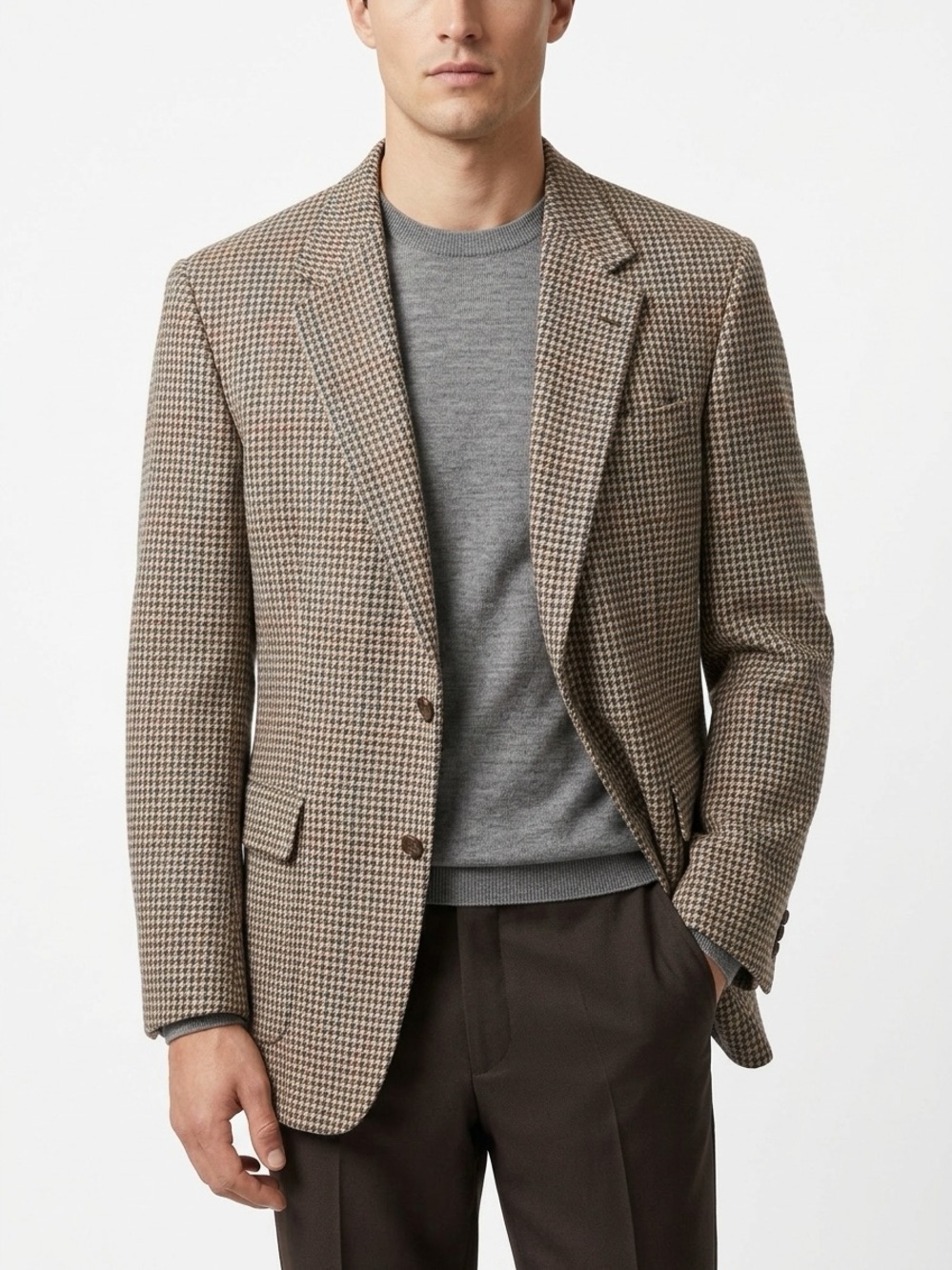 Brooks Brothers Blazer Vintage Silk Wool Houndstooth Plaid Brown Blue 46R